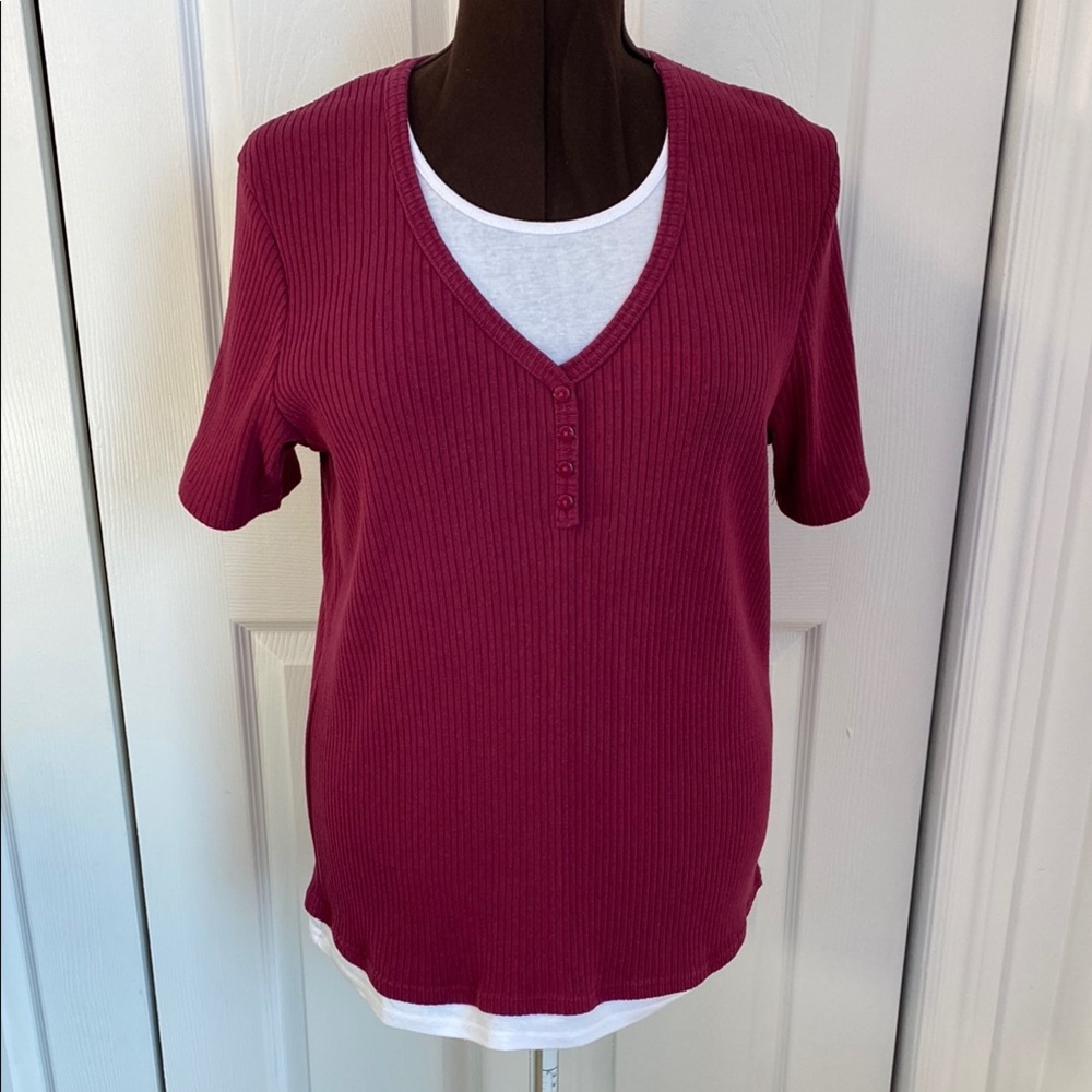 2 for $25 - Carroll Reed Ribbed Short Sleeve Sweater, White Hem & Neckline XL